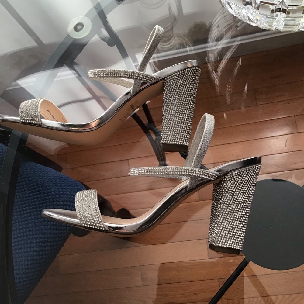 Womens Nima heels, silver with rhinestone detail, size 6.5